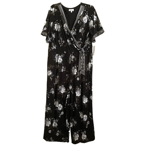 Signature by Robbie Bee Floral Jumpsuit 2X Faux Wrap Short Sleeve Wide Leg NWT - Picture 2 of 13